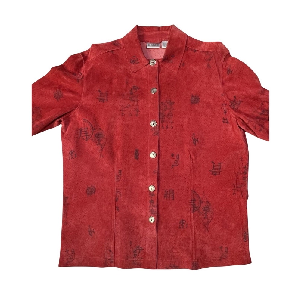 Chico's Red Leather Top Asian Print Button Front Long Sleeves SZ 2 / Large